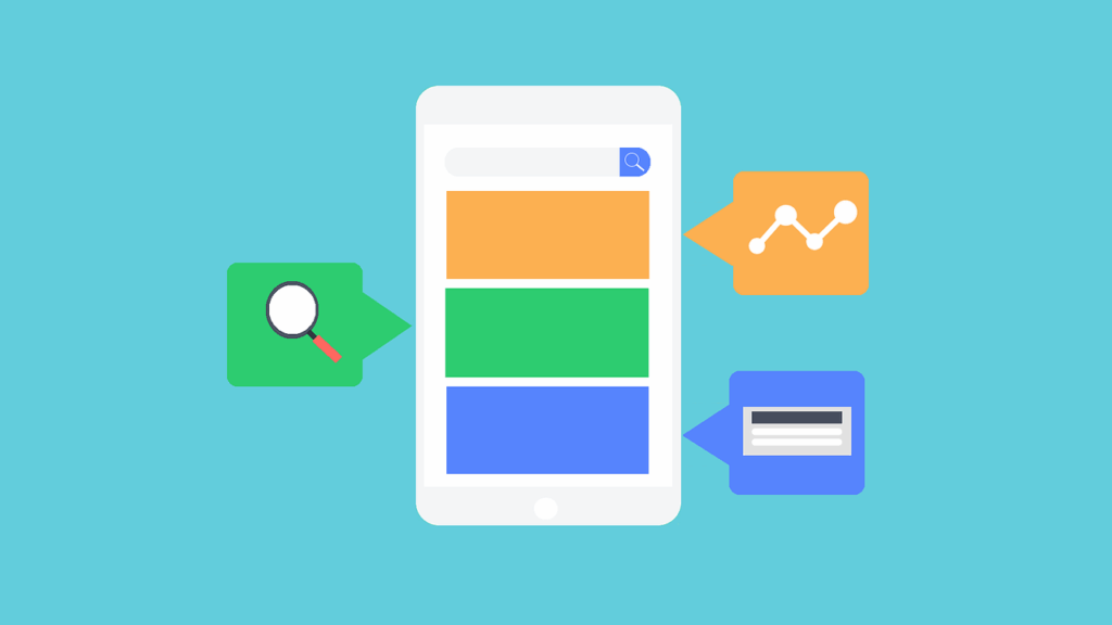 Flat illustration of a smartphone with colorful content blocks on the screen, surrounded by icons for search, analytics, and text on a teal background.