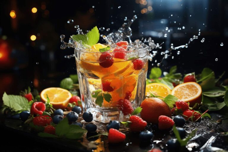 Splashing cocktail in a glass surrounded by fresh berries, citrus slices, and mint leaves on a dark bar top.