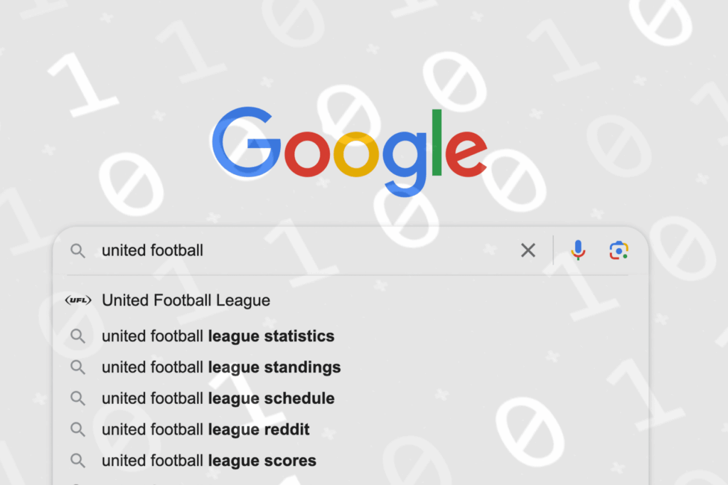 Google search bar with the query ‘united football’ and autocomplete suggestions for United Football League results against a light gray background with faint ones and zeros.