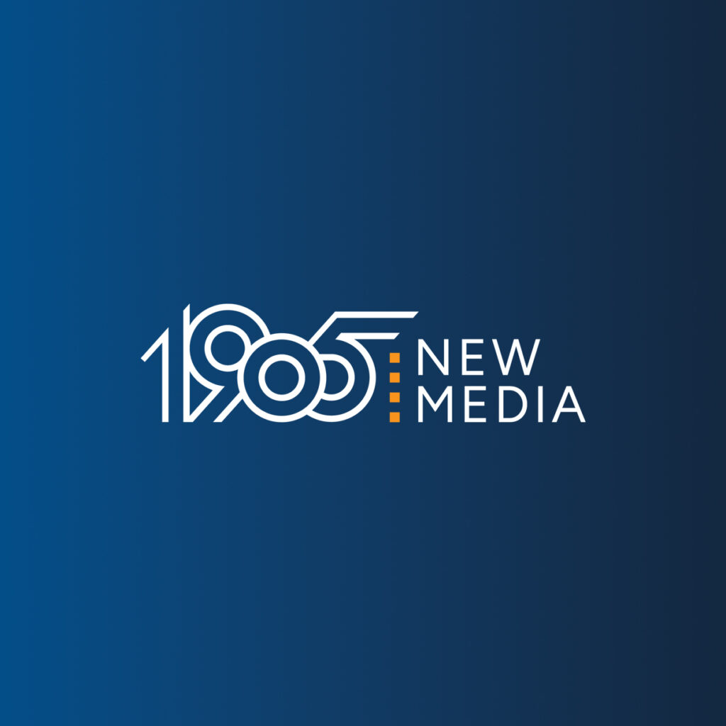 1905 New Media logo in white on a blue gradient background, with the numbers “1905” stylized into an interconnected mark and “NEW MEDIA” set in clean sans-serif type to the right.