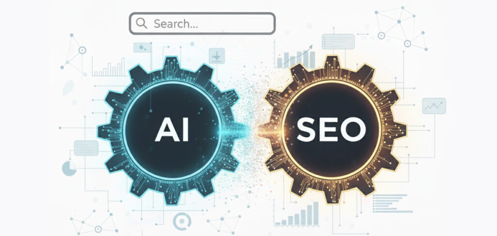 Conceptual header graphic showing two interlocking gears labeled “AI” and “SEO” beneath a search bar, representing how artificial intelligence and search engine optimization work together in digital marketing.