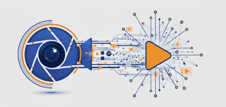 A camera lens transforms into a digital network connected to a central play button, symbolizing AI video optimization.