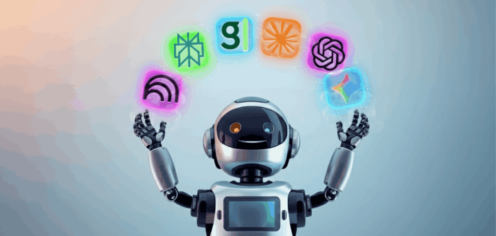 Smiling robot presenting glowing logos for AI tools: Notebook LM, Perplexity, Grammarly, Claude, ChatGPT, and Gemini.