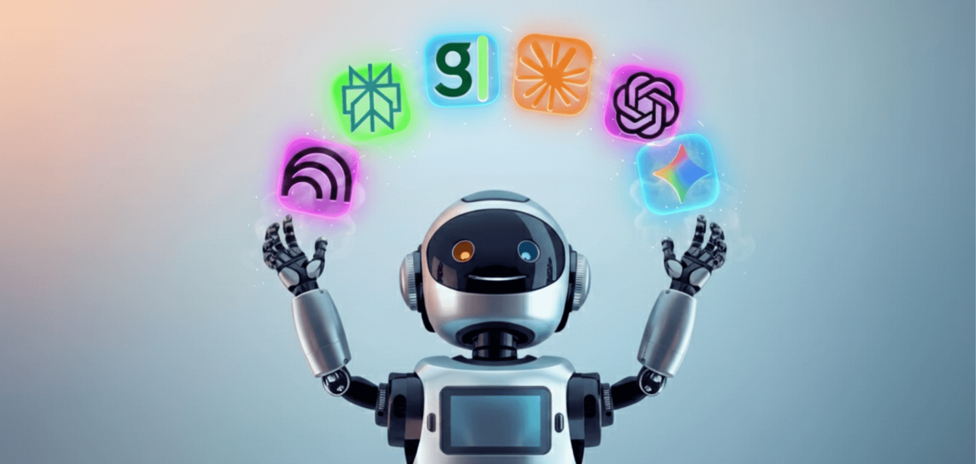 Smiling robot presenting glowing logos for AI tools: Notebook LM, Perplexity, Grammarly, Claude, ChatGPT, and Gemini.