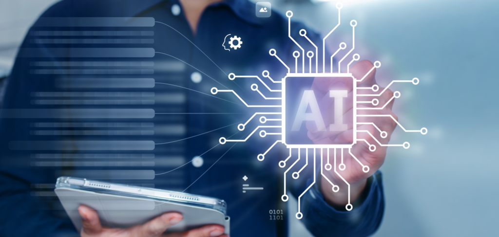 A person uses a tablet while interacting with a glowing AI circuit board graphic and data visualization bars.