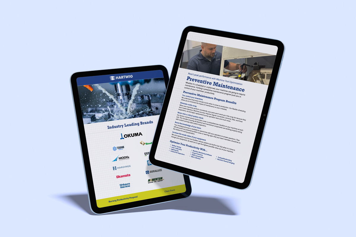 a tablet screen displaying the Hartwig website, one with a collection of industrial brand logos and another showcasing the Preventive Maintenance page