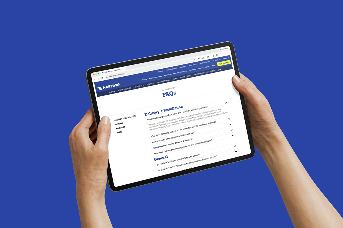a tablet screen showcasing a FAQ page for Hartwig's website